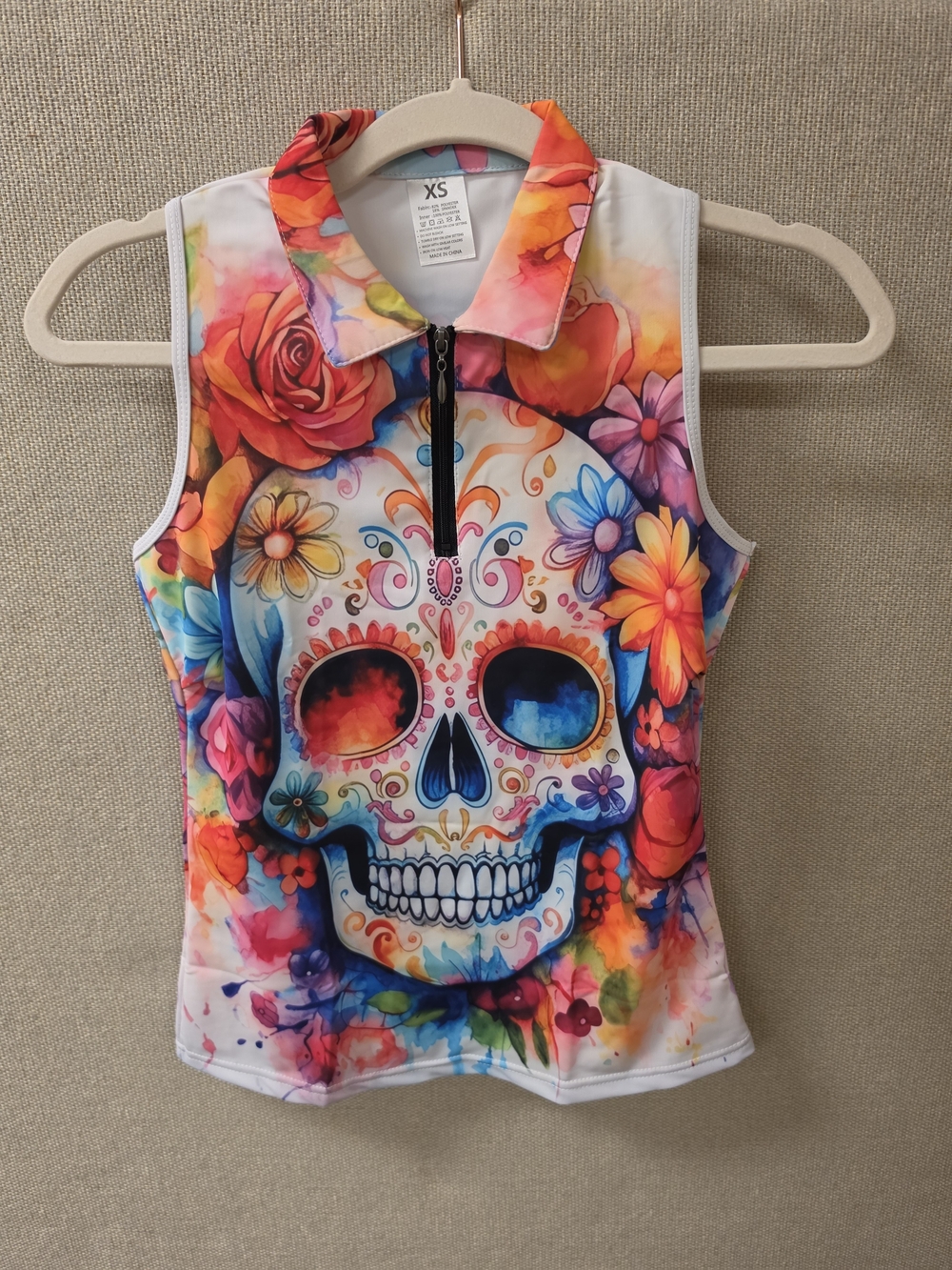XS Multicolor Sugar Skull Sleeveless Polo Tank Top - Floral Zip Front